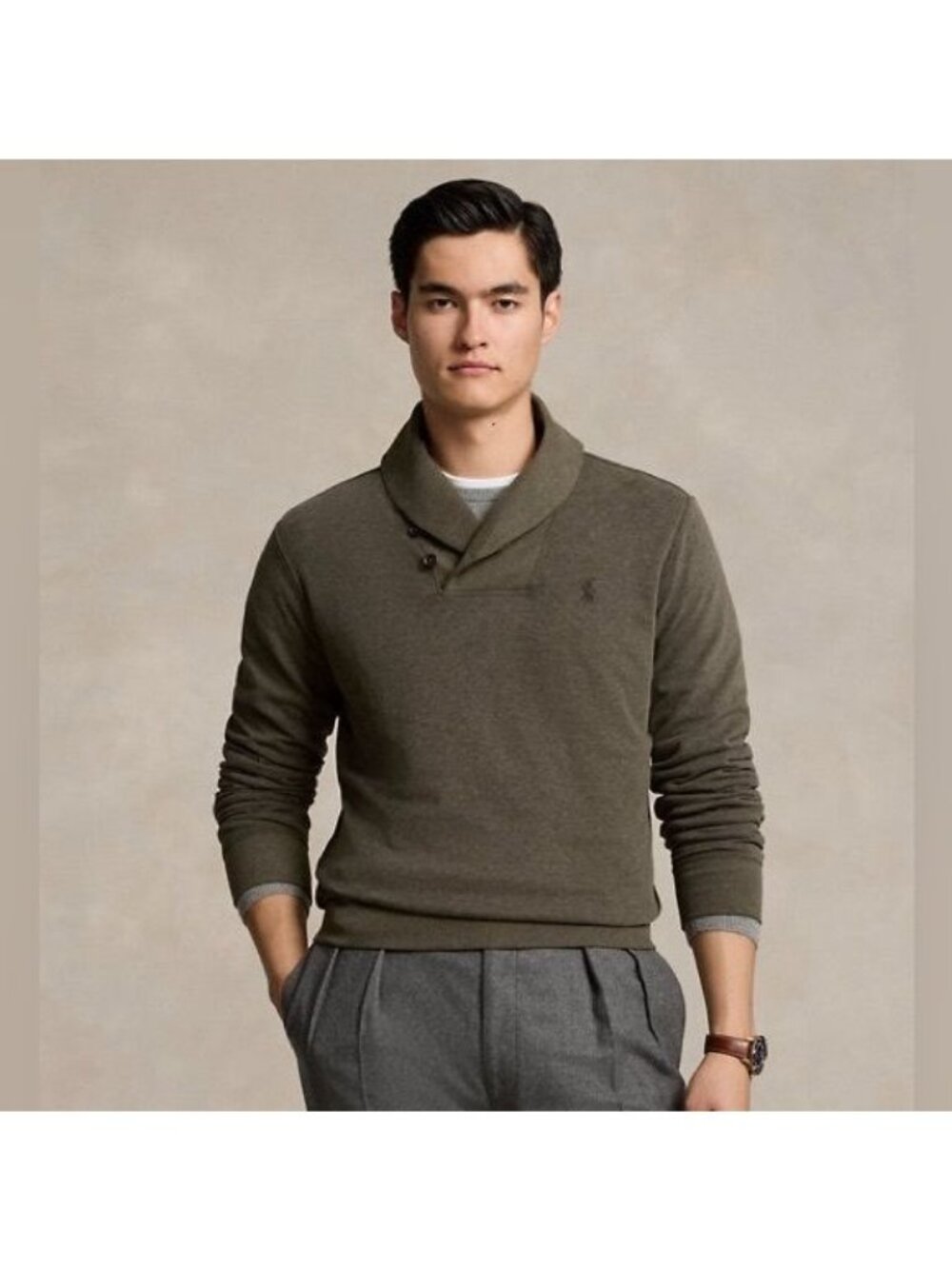Polo Ralph Lauren Men’s Luxury Jersey Shawl-Collar Pullover Olive Heather Large
